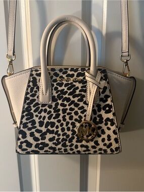 Michael Kors Cream & Black Animal Print Satchel with Gold Hardware